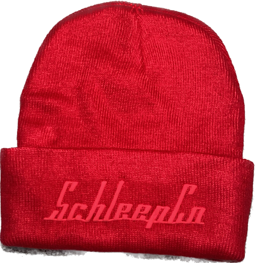 Red SchleepCo double-sided beanie.