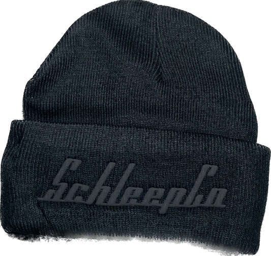 Black SchleepCo double-sided beanie.