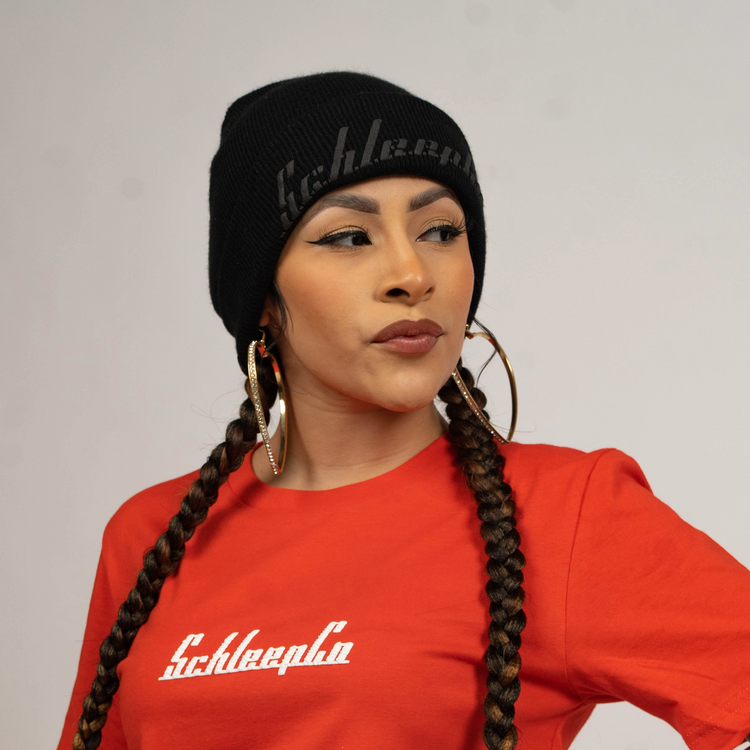 Schleepwear black logo beanie styled with red tee