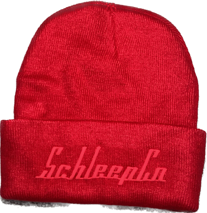 Red SchleepCo double-sided beanie.