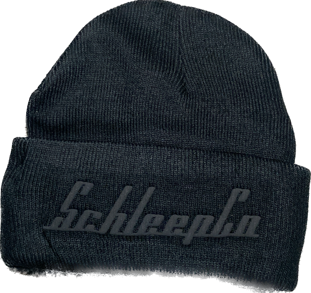 Black SchleepCo double-sided beanie.