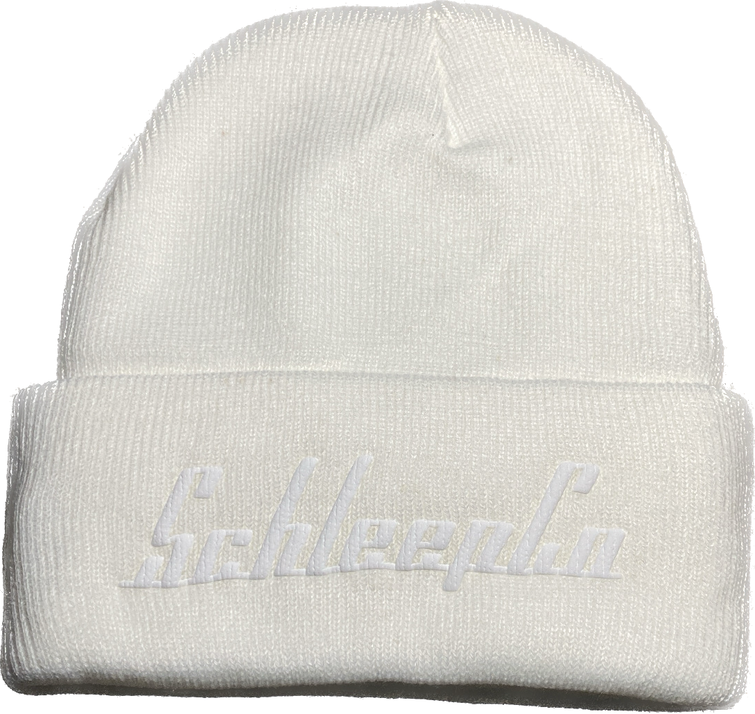 White SchleepCo double-sided beanie.