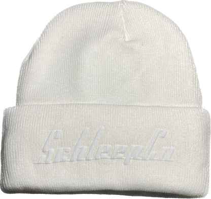 White SchleepCo double-sided beanie.