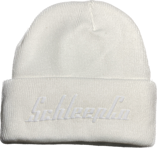 White SchleepCo double-sided beanie.